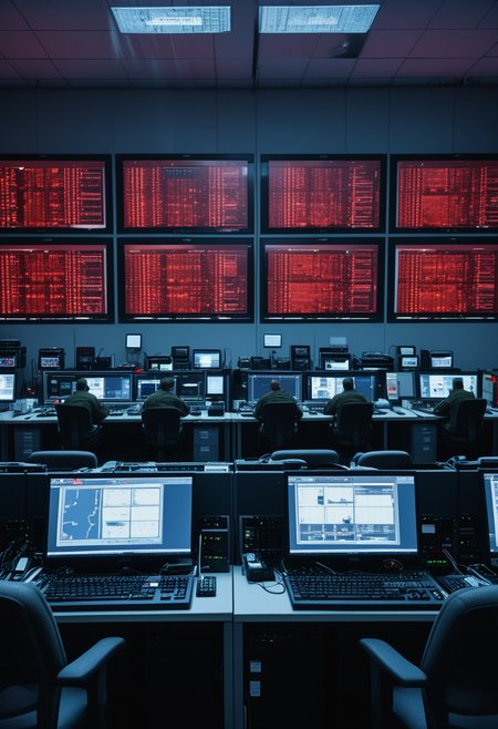 photo of military base Communications Room, Secure space with rows of servers humming, technicians monitoring screens, encrypted messages flashing across displays, satellite dishes outside the window, a red emergency phone on the wall, during winter, at night ,Masterpiece,best quality, raw photo, realistic, very aesthetic