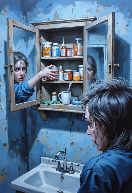 An evolyzed painting depicting an open mirror cabinet in a rundown bathroom. The painting is from the viewers point of view. We see our shaking hands reaching for a medicine container with the torn label “Zooloft”.  There are various medications on the shelf. On the bottom shelf is a toothbrush and toothpaste in a mug. The lighting is pale blue. We can see our reflection in the open cabinet doors. We are a pale, desperate and anxious looking female with disheveled hair. Below the mirror cabinet is a metal faucet and a sink. The painting evokes a sense of despair, loneliness and anxiety. There is a surreal feel to it.