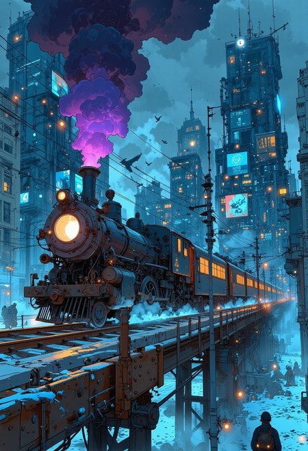 A sleek, chrome-and-neon steam train, retrofitted with glowing blue and magenta lights, speeds across a high-tech urban viaduct, cutting through the rain-soaked neon cityscape below. Heavy purple and electric-blue steam erupts from its smokestack, mixing with the city’s glowing holograms and advertisements. Skyscrapers rise like giant glass monoliths, their surfaces flickering with digital billboards. Rain glistens on the metal tracks, reflecting the train’s pulsating lights, while cybernetic ravens soar overhead, adding to the gritty yet mesmerizing sci-fi atmosphere.
Anime art, VibrantlySharp style.