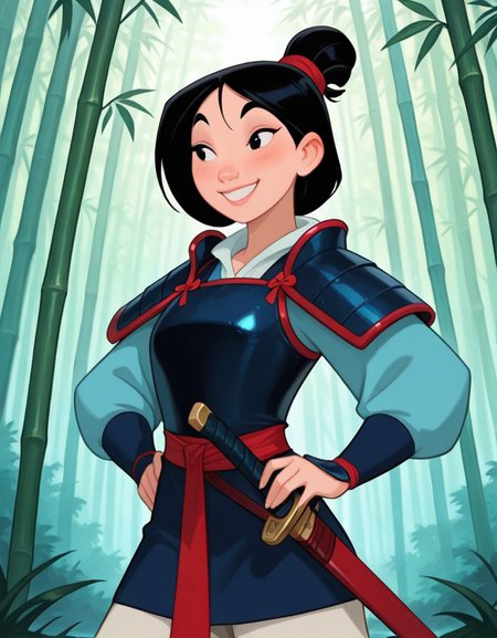masterpiece, best quality, amazing quality, very aesthetic, absurdres,  newest, detailed background, cowboy shot, 4k, 8k, forest, cherry blossom,
mulanxd, sword, weapon, solo, hands on hips, black hair, smile, 1girl, armor, single hair bun, nature, forest, hair bun, bamboo, black eyes, bamboo forest, sheath, shoulder armor, grin
 <lora:Mulan_-_Disney_Illustrious:1>