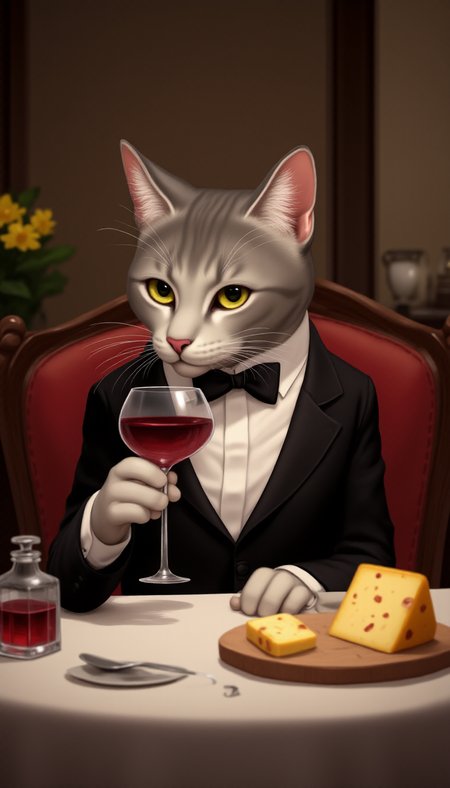a elegant cat drinking a glass of wine, with cheese on the table, by RossDraws