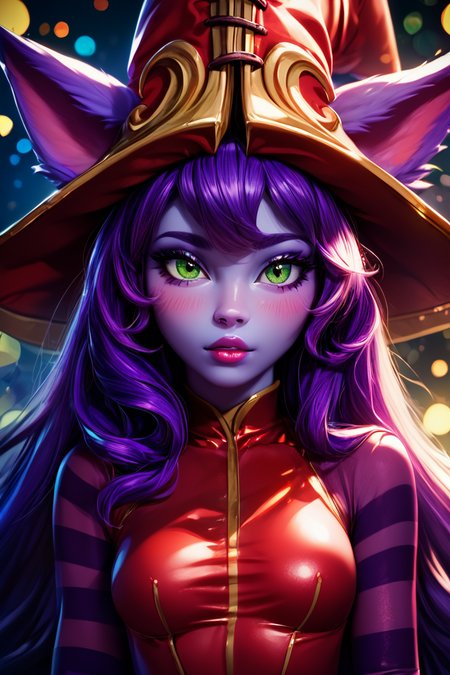 score_9, score_8_up, score_8, medium breasts, (curvy), cute, eyelashes,       BREAK, ,  <lora:LuluLeagueoflegendsPDXL:0.8>, zzLulu, long hair, bangs, animal ears, green eyes, purple hair, colored skin, purple skin, long sleeves, hat, dress, red dress, red headwear, ears through headwear, striped sleeves, yordle,, BREAK,  (ultra realistic,32k, masterpiece:1.2),(high detailed skin:1.1),( high quality:1.1), curvy, head tilt, hearts, blush, lips, curvy, head tilt, shiny clothes, (upper body), looking at viewer, bokeh, luminescent background,  embedding:zPDXL, Expressiveh,  <lora:RlAnmPDXL:1.0>,
