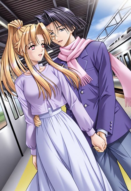 masterpiece, best quality, newest, highres, uncensored, 1girl, yokota mamoru style,1girl, slender face，motion lines, ,Kitagawa Junko,Honey Blonde Hair, Ponytail, Waist Length Hair,Amber Eyes,slim
1girl, 1boy, holding hands, long hair, blonde hair, scarf, blue eyes, skirt, black hair boy, open mouth, day, long sleeves,train station，train,The girl is on the platform, the girl reaches out and holds the man on the train on the platform.