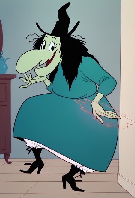score_9, score_8_up, score_7_up BREAK WitchHazel, 1girl, black hair, black eyes, green skin, single lower bucktooth, long nose, long-sleeved teal shirt, teal skirt, white victorian bloomers, long black high-heeled boots, cartoon, source_cartoon, smiling at viewer, magic spell, witchcraft, halloween atmosphere, halloween decorations, creepy mansion indoors, full body,