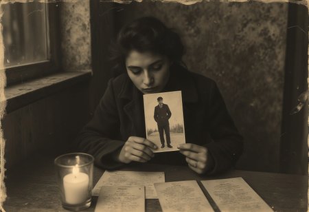 35mm B&W vintage street photo of a woman longingly looking at a photo of a man in a military outfit, written love letters scattered on a table, candlelight, home interior, 1920s, vintage, romantic, war era, sepia tone, old photograph, high quality, detailed, realistic