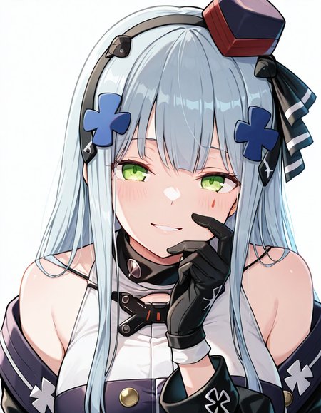 Volumetric Lighting, (masterpiece), (best quality), (ultra-detailed), masterpiece, source_anime, score_9, score_8_up, score_7_up BREAK, illustration, disheveled hair, detailed eyes, perfect composition, moist skin, intricate details, detailed eyes, detailed face, detailed fingers BREAK, grey hair, light blue hair, long hair, green eyes, teardrop facial mark, BREAK, 416mod3, mod3_dress, mod3_hairband, mod3_jacket_strap, mod3_jacket, mod3_mini_hat, mod3_gloves, 416_hair_ornament, mod3_id_card BREAK, ((white background)), looking at viewer, smile,upper body,bare shoulder,hand up, face focused