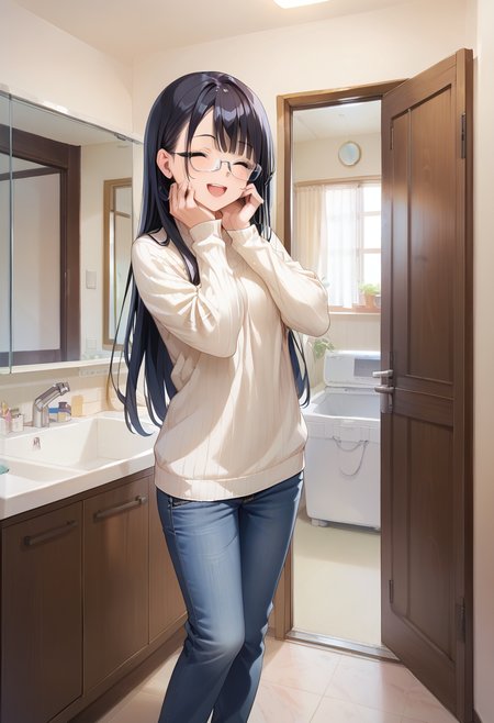 score_9, score_8_up, score_7_up, rating_safe, masterpiece, best quality, absurdres, unity 8k wallpaper, official art, official style, source_anime, uncensored, game cg, megami magazine,
1girl, solo, glasses, black hair, long hair, white ribbed sweater, jeans, happy, smile, looking at viewer, closed eyes, open mouth, own hands together, hands on cheek, undressing, 
JML2, sink, scenery, door, faucet, indoors, mirror, cabinet, laundry, washing machine
 <lora:JP_Senmenjyo_PONY_V2:1>
