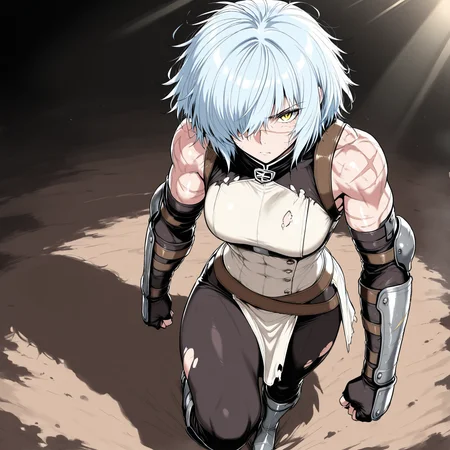 (masterpiece, best quality, ultra-detailed:1.4),
solo,1girl, (light blue hair:1.3), short messy hair, bangs,
(yellow eyes:1.5), (intense and fierce gaze:1.4), (battle-worn expression:1.3), (scar over one eye:1.5), (intimidating aura:1.3),
(hair covering one eye:1.5), (bangs covering left eye:1.4), (left eye obscured by hair:1.4), (hair over eye:1.3),
(battle-hardened:1.4), (war veteran:1.3), (many scars:1.3), (visible wounds:1.2), (weathered face:1.2), (dirt and grime:1.2),
(toned arms:0.6), (muscle tension visible:0.3), (slim but athletic build:1.1), (strong female warrior:1.1),
(full body:1.3)à¸¡
(dynamic lighting:1.3), (gritty, rough textures:1.2), light armor, medieval cloth,
looking at viewer, (hair slightly messy:1.2),
fullbody, (torn and worn-out fighter outfit:1.2),
 <lora:VioletV2:1>