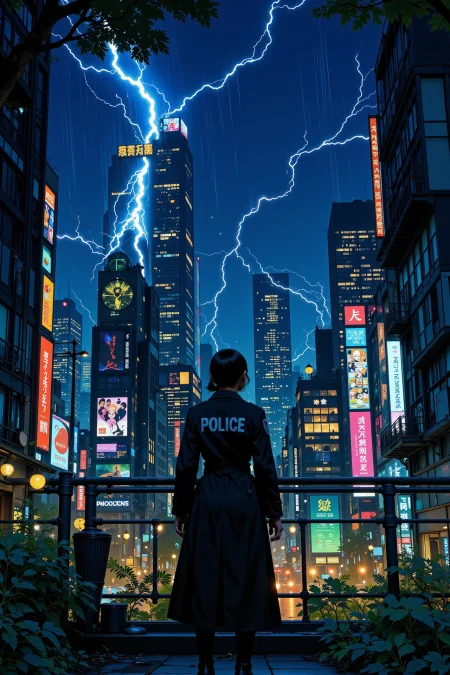 A police force watching over the city beautiful  landscape, rain and storm, woman, very intricate, very detailed, sharp, bright, colorful, <lora:Hand v2:0.5> <lora:Anti-Blur:1><lora:Insane Detail Slider:0.25>  <lora:flux.1_lora_flyway_Epic-detail_v2:0.3> <lora:fluxenhancer:0.25> <lora:ROWER:0.8> <lora:Anime art - Variant 3:0.6> Anime art