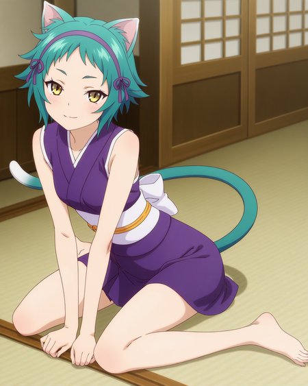 (purple sleeveless kimono obi sash hairband:1.50), 
ys-yaya, green hair, short hair, yellow eyes, 
1girl, (solo:1.60), skinny,
(masterpiece, best quality, amazing quality, absurdres, high quality, highres, masterpiece), 
light smile,
,
(feet:1.10), 
BREAK,
,
,
(anime coloring),
small breasts,
cat ears, cat tail
<lora:ys-yaya-V01-illXL:0.80>