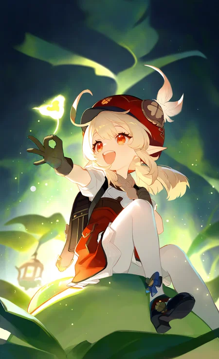 masterpiece, best quality, good quality, very aesthetic, absurdres, newest, klee (genshin impact), 1girl, :d, backpack, bag, belt, black footwear, black gloves, blonde hair, blue bow, bow, brown belt, dark, double-parted bangs, eyelashes, frilled skirt, frills, from side, gloves, hair between eyes, hair bow, hand up, happy, hat, hat bow, knees up, lantern, light particles, mary janes, medium hair, ok sign, open mouth, pantyhose, pointy ears, puffy short sleeves, puffy sleeves, red bow, red eyes, red hat, red skirt, round teeth, shirt, shoes, short sleeves, sidelighting, sidelocks, sitting, skirt, sleeve bow, smile, solo, striped bow, sunlight, teeth, upper teeth only, white pantyhose, white shirt, witch hat, Sitting on a giant lime (genshin impact),
Wide Shot,backlight,Depth Of Field,Close-Up, <lora:ponyv5_noobV065S_1_adamW-000013:0.7> <lora:USNR_STYLE_XL_lokr:0.5> <lora:MeMaXL4:0.8>