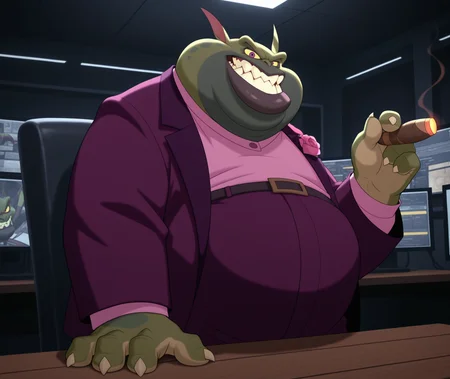 masterpiece, best quality, amazing quality, smile, solo, 1boy, furry male, green skin, thick lips, sharp teeth, SJSwackhammer, yellow sclera, purple eyes, fat man, purple suit, pink shirt, belt, facial hair,  corsage, indoors, wall of monitors, surveillance screens, dark room, dimly lit, standing, wooden desk, behind desk, chair,  hands on desk, looking at viewer, glare, clenched teeth, angry, holding cigar, claws,  <lora:SpaceJamSwackhammer:1>