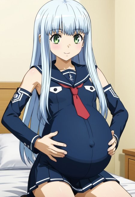 best quality, masterpiece, 4k, perfect lighting, very aesthetic, anime, anime coloring, official art, (anime screencap:1.5), (bedroom:1.5), happy, smile, (hands on belly:1.5)
(large pregnant belly:1.5), 
ng_deepnegative_v1_75t,
<lora:iona.pony:1.5>, iona, small chest, detached sleeves, armpit, (blue school uniform:1.1), blue clothes
 (volup girl:1.5),
(covered belly:1.5), (pregnancy clothes:1.5)