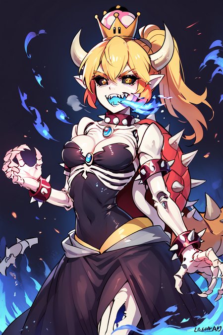 score_9, score_8_up, score_8, medium breasts, (curvy), cute, eyelashes,       BREAK, ,   zzDryBowsette, black sclera, colored sclera, skeleton, horns, spikes, dress, dress, jewelry, tail, yellow eyes, ponytail, horns, teeth, artist name, black dress, collar, bracelet, fingernails, strapless, glowing, fire, crown, sharp teeth, strapless dress, claws, spikes, armlet, colored sclera, sharp fingernails, black sclera, spiked bracelet, spiked collar, ribs, skeleton, super crown, bone, blue fire, transformation, spiked armlet, spiked shell, breathing fire,  <lora:DryBowsette_PDXL:1.0>, , BREAK, smile, looking at viewer, ,,, abstract background, white outline, cowboy shot, ,,, embedding:zPDXL, Expressiveh, ,,, <lora:CatalystStylePDXL:0.6>, <lora:SDXLFaeTastic2400:0.5>, <lora:Expressive_H-000001:0.4>,