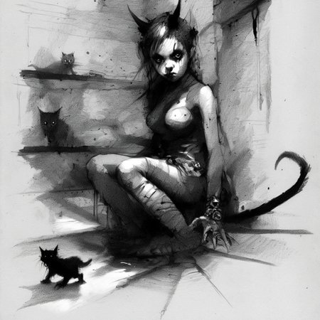 drawix8 girl with a black kitten in the demon room, claustrophobic, disturbing, dark, unusual expressive shot <lora:drawix8:1>