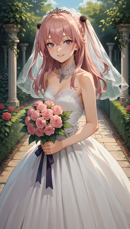 score_9, score_8_up, score_7_up, source_anime,  
 <lora:Inui Sajuna :1> aasajuna,pink eyes,purple eyes,pink hair,long hair,two side up,hair between eyes,bangs,hair flower,black rose,(wedding dress:1.2),white dress,(veil:1.2),garden,smile,outdoors,standing,cowboy shot,holding bouquet,