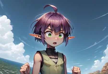 Lapanya, 1 person, solo, pointy ears, ((snout nose)), flat chest, small nostrils, short stature, skinny arms, ((hazel irises)), fair skin, ((dark lilac hair)), short hair, tomboy haircut, small nostrils, 3 fingers 1 thumb ((Sleeveless green vest, fitted black undershirt, black pantaloons, fully clothed))
Falling from the sky, midair, falling towards the ocean, wide eyes, stunned expression, open mouth 
Clouds above, ocean below
clean lines, up close, upper body focus, highly detailed face, high quality, best quality,  score: 9, score: 8 up, rating: safe