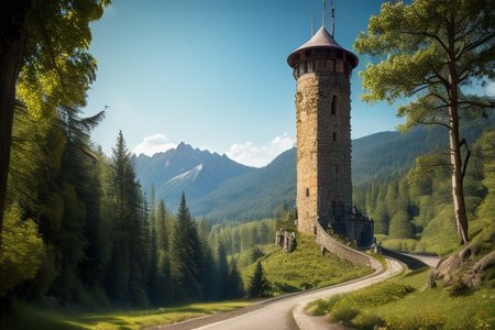 realistic analog photo, award winning photo, vary wide shot of stone witow tower:1.3, no humans, scenery, blue sky, road, nature, outdoors, RAW, highres, 8k, uhd, High Dynamic Range, tonemapping, crisp details, portcullis,