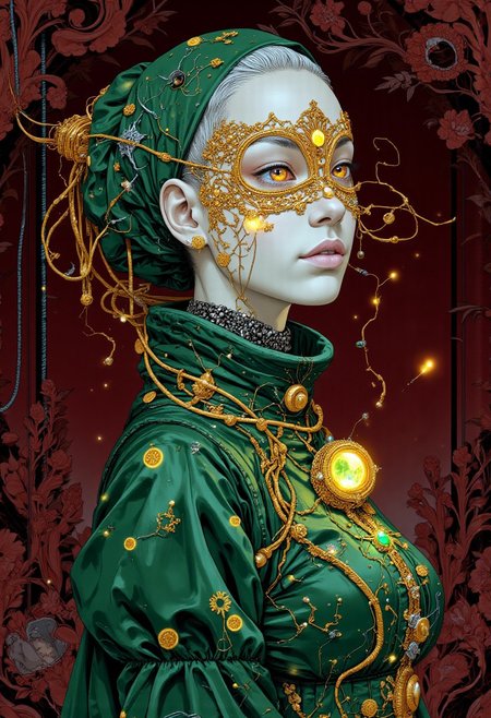 A surrealistic neo-gothic illustration inspired by Gustav Klimt, featuring a young albino woman dressed in an asymmetrical, avant-garde Renaissance-style garment. Her attire combines bold shapes with intricate detail: a high, off-centered collar rises on one side, while an angular sleeve cascades down the other arm, both crafted from luxurious, dark green fabric that shimmers with embedded iridescent cables and winding silver wires. These cables and wires thread through her clothing like delicate veins, catching light and adding an otherworldly gleam. Over her eyes, a delicate golden lace mask adorned with ornamental patterns and small onyx gemstones enhances her ethereal aura. Her gown is embroidered with golden stars and silver vines that subtly shift and sparkle, deepening her mysterious presence. A glowing amulet with a polished emerald rests at her collarbone, radiating a soft, green luminescence. The background is a rich, deep burgundy with swirling dark floral motifs, evoking old-world mystery. Lit by soft, ethereal lighting, this 8K rendering captures every luxurious detail of her avant-garde attire, the delicate lace mask, and the mesmerizing glow of her amulet, immersing the viewer in a dreamlike realm.