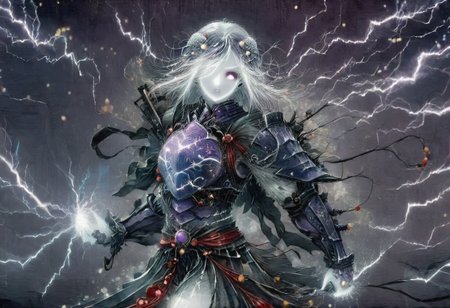 (Masterpiece:1.3), (best quality:1.2), (detailed background:1.1), (intricate details:1.1), (detailed background:1.2), 1girl, solo focus, standing, perfect anatomy, 
bleakfaith,
source_anime, night sky, dark cloud background, sky background, thunder on background, only purple lightning, purple sparks,
BREAK
watercolor, chinese,traditional,
BREAK
(purple hair:1.2),(pale skin:1.3), (white skin:1.5),1girl,solo, mysterious, vivid color, shiny, (short purple hair), bob cut hair, purple eyes,glowing purple pupils, human ears, sparks from one eye,
laugh arrogantly,
BREAK
Clothes(dark suit,armor, lion chest plate), lightning, dark purple thunder, chinese style, 
spraks in hand,
BREAK
looking at the viewer, front view, full view,
best quality, ultra-detailed, absurdres, detail face, best quality, hires textures, high detail, (4k),incredibly detailed
NegativeDynamics,