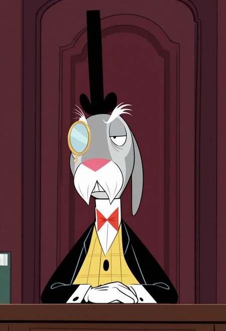 masterpiece, best quality, amazing quality, very aesthetic, absurdres, newest,  high quality, detailed, male, solo male, MrHerriman, 1boy, mature male, male, chubby, anthro, rabbit, grey fur, floppy ears, black eyes, mustache, bushy eyebrows, facial hair, tuxedo jacket, yellow vest, bow tie, top hat, monocle, formal, looking at viewer, half lidded eyes, stern expression, indoors, office, sitting at desk, half body, volumetric lighting
