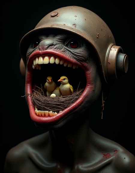 portrait of a dark-skinned creature with distorted open mouth showing large, disproportionately large human teeth, inside the mouth a bird has made a nest out of branches and is brooding chicks, rusty iron helmet, surreal, suffocated, disproportionately large head, sweat, redness, wide-angle portrait image, black background, hyper-detailed, hyper-realistic, 3D