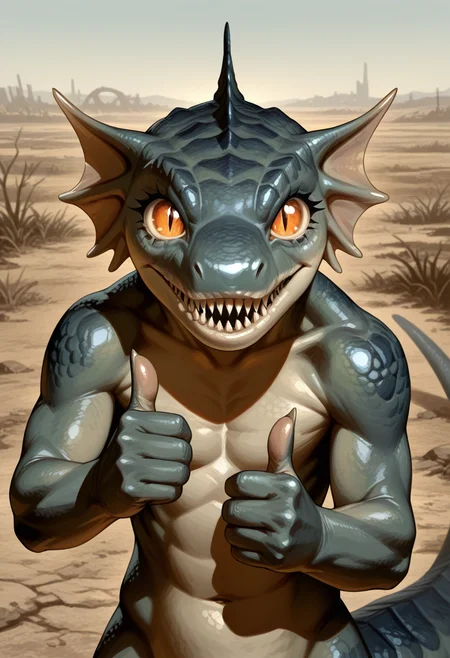 masterpiece, best quality, amazing quality, high resolution, FalloutG3cko, scales, orange eyes, upper body, wasteland, monster, sharp teeth, head frill, semi-anthro, slit pupils, tail, thumbs up, encouraging  <lora:Mutant_Gecko_fallout:1>