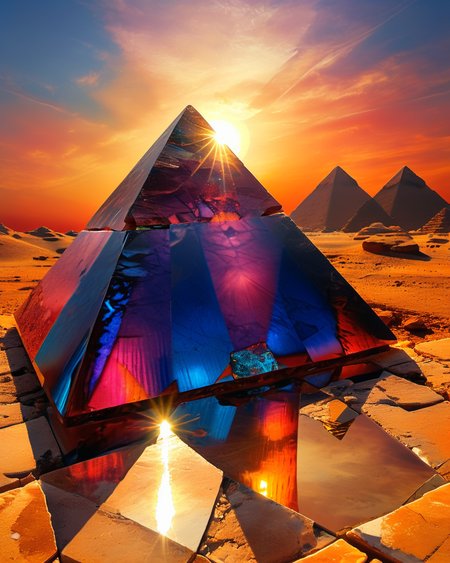 pyramid complex of Khufu made of single massive gemstones, desert, refracted light, reflections, sunset hour, shadows, intense colors, high contrast, <lora:add-detail-xl:1.0>,  <lora:xl_more_art-full_v1:0.4>,  <lora:XSfenlie:1> fenliexl, <lora:lora:1>, realistic photo