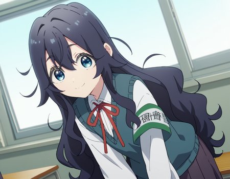 score_9, score_8_up, score_7_up, source_anime,
shizukayoshimoto, <lora:shizuka-yoshimoto-s1-ponyxl-lora-nochekaiser:1>,
shizuka yoshimoto, long hair, bangs, blue eyes, black hair, hair between eyes, wavy hair,
skirt, shirt, ribbon, school uniform, white shirt, pleated skirt, red ribbon, neck ribbon, armband, sweater vest,
indoors, classroom, bent over, smile,
looking at viewer, cowboy shot, dutch angle, solo,