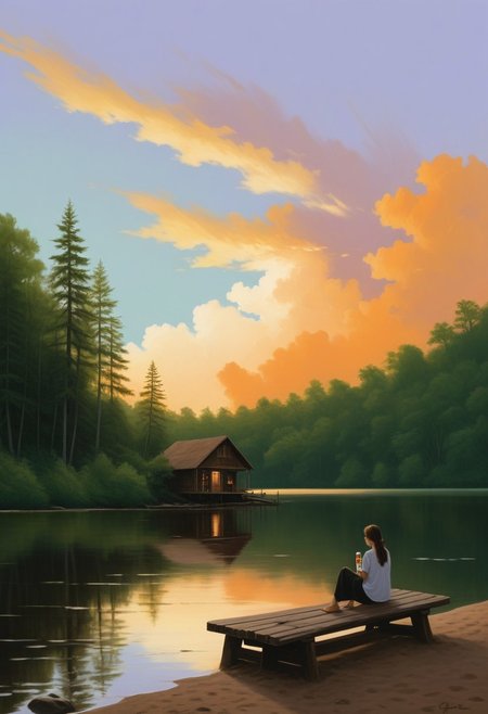 A serene atmosphere: a woman sits on a weathered bench overlooking a tranquil river beach, surrounded by lush greenery and towering trees. A wooden cabin stands in the distance, softly reflected on the calm water. A warm gradient sky with orangish hues and fluffy clouds dances above, while the woman sips refreshing cola from a bottle in her hand, photograph taken with Kodak portra 400 35mm color film, style, masterpiece, high resolution, ultra detailed