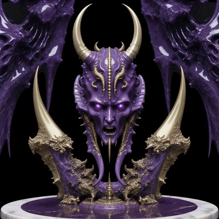<lora:Chaos_Warfleet_-_Warhammer_40000_SDXL:1>chaoswarfleet, purple battleship,space,warp,distortion,nightmare,mirrors,curved blades,grace,elegance,marble statues,black long tongues,pincers,Ñheers,horns,hooves,insect eyes,columns,screaming faces,onyx,decorations,silver,gold,engraving,minting,marble,decor,curved shapes,