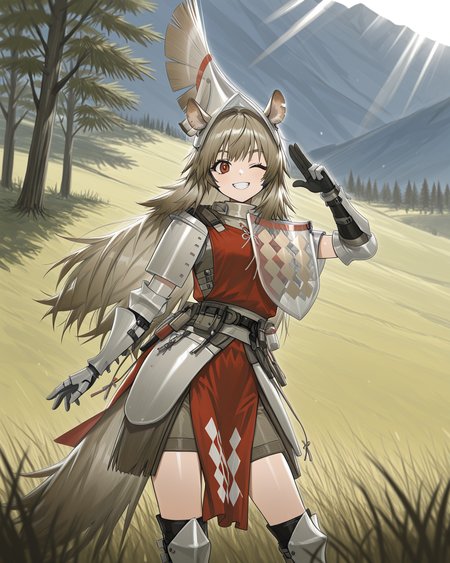 masterpiece, best quality, beautiful accurate depth-of-field, 1girl, dynamic shot, w1ldman3AK, WMAK helmet, WMAK Armor, WMAK gauntlets, WMAK boots, horse ears, horse ears, horse tail, tagged ear, red eyes, very-long hair, leaning forwards, contrapposto, winking, salute, grin, outdoors, sunlight, grass, mountains, trees
