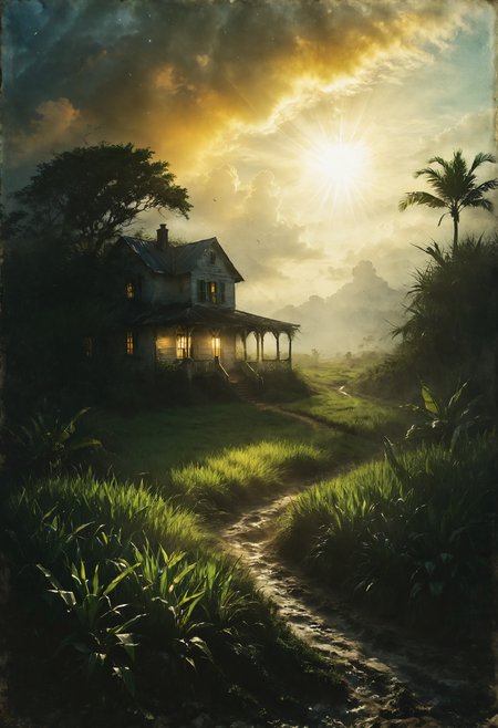 A Caribbean plantation house amidst sugar cane fields, where the trade winds carry tales of a bygone era,  <lora:SDXLFaeTastic2400:0.8>, Back lighting,  <lora:Desolation:0.7>,  <lora:EnvyFeverDreamXL01a:0.7>