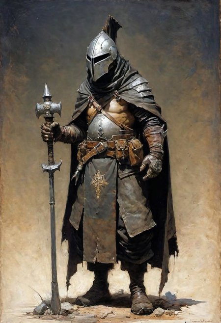 videogame art of (ragged, human barbarian, brigand, holding a giant metal mace,  wearing leather tunic, metal plates and cloth shaped helmet, sewn together), praetorian, warhammer, gothic, legion,  by Jean-Baptiste Monge and Nicola Samori,