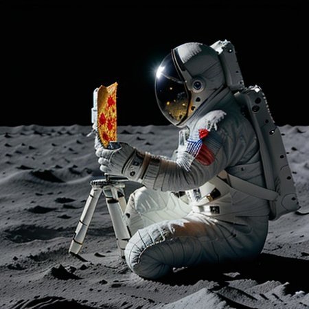 crystal skull wearing spacesuit helmet, sitting on the moon, holding a piece of pizza, 
spacesuit, FastNegativeV2, fcNeg, cry5t415ku11,