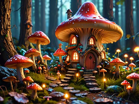 a fairy house surrounded by giant glowing mushrooms,  8k, masterpiece, vivid colors, dramatic lighting