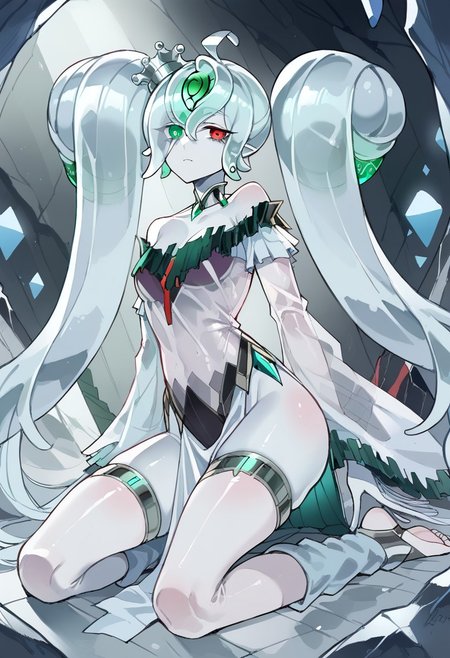 score_9, score_8_up, score_7_up, source_anime, verybadimagenegative_v1.3, easynegative, perfect lighting, ExpressiveH. rating_safe
BREAK 
((ygoaegirine), (colored skin, grey skin, slime girl, (transparent:1.2), transparent body, transparent face),  short hair, huge twintails, long twintails, crystal hair, translucent hair, hair over eye, crown, hair ornaments, forehead jewel, heterochromia, green eye, red eye). 
<lora:Icejade_Gymir_Aegirine-000009:0.9>
BREAK 
(detailed face:1.3), beautiful face, teardrop breasts, (small breasts:1.2), thin body, navel, perfect hands, long fingers, tall.
BREAK 
1girl, solo, (expressionless), empty eyes, (choker, dress, off-shoulder dress, wide sleeves, detached sleeves, transparent, lowleg leotard, waist cape, pelvic curtain, transparent thighhighs, toeless legwear, transparent loose-fit legwarmers). sitting, from side, from below, looking at viewer, cave, ice prison, dark, low light, darkness, shadows, very dark, dark background, glowing water, dramatic lighting,