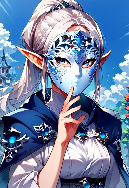 score_9, score_8_up, score_7_up, score_6_up, source_anime, 1girl, white hair, long hair, solo, double ponytail hair, elf, pointed ears, portrait,  white dress, fantasy background , outside,  blue cape, ornament on cape, (5 fingers:1.2), portrait, cute,  grey eyes, upper body, masked, (hand up:1.2), perfect hands