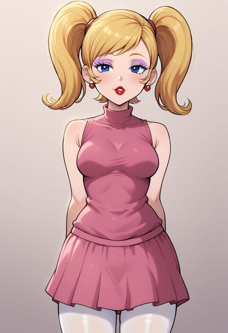 solo, Candi (Dexter's Laboratory), blonde, light purple eyeshadow, red lipstick, baby blue eyes, twintails, pink shirt, sleeveless, pink skirt, white pantyhose, Expressiveh, syuro, standing,