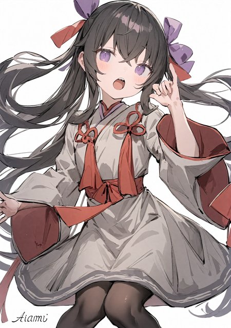 1girl, 
aiamu iamu, 
blush, artist name, watermark, pantyhose, dress, signature, purple eyes, looking at viewer, open mouth, tsurime, hair ribbon, long hair, tassel, teeth, black hair, ribbon, hair between eyes, feet out of frame, wide sleeves, eyelashes, purple ribbon, grey dress, tongue, white background, simple background, long sleeves, solo, upper teeth only, red ribbon, crossed bangs, black pantyhose, very long hair, 
masterpiece, best quality, absurdres, highres, safe
 <lora:aiamu_iamu_image45_2024-03-28_a31-000040:1>
