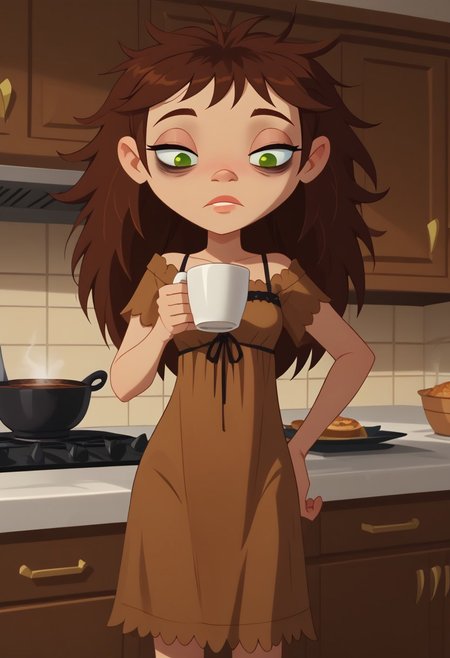 score_9, score_8_up, score_7_up, 1girl, solo,
 brown hair, green eyes, hair down, long hair, 
 perfect hands, show accurate, perfect anatomy, med body,
indoors, small perky breasts, kitchen, hand on hip, loose clothing, wear only lace nightgown, holding a cup of coffee in hand, sleepy eyes, bags under eyes, loose clothes,