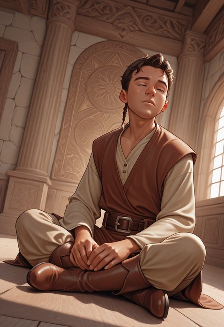 masterpiece, absurdres, high quality, perfect anatomy, 1boy, solo, cute boy, male focus, Caleb Dume, Brown Hair, Padawan Braid, Brown Tunic, Tan Shirt, Belt, Tan Pants, Brown boots, portrait, cinematic, intricately detailed illustration, depth of field, masterpiece, best quality, amazing quality, very aesthetic, absurdres, newest, very awa,  shadow, dynamic angle, casual cosplay, dynamic pose, in temple, meditating, serene, peaceful, relaxed, sitting, indian style,