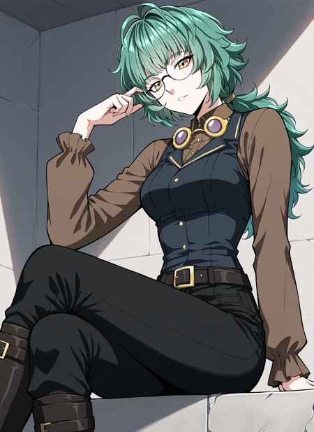 <lora:Emily_Watsken__The_Beginning_After_the_End__Illustrious:1>
1 girl, solo, yellow eyes, green hair, ahoge, low ponytail, bangs, long hair, messy hair, freckles,
black pants, knee boots, brown shirt, long sleeves, collared shirt, glasses, round eyewear, belt,
(Anime_source),Masterpiece,(perfect female body:1.2), small waist,(incredibly detailed:1.4), slim, parted lips, looking at viewer, sitting, crossed legs,