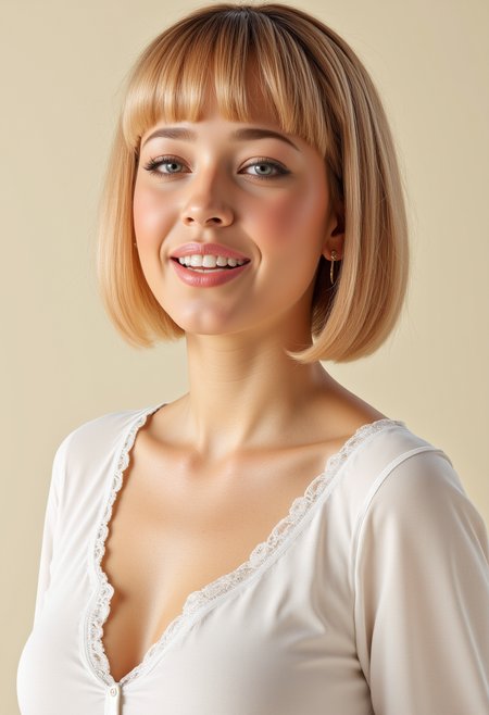 She is approximately 18 years old. Hyperrealism, she is looking at the camera, (dynamic angles), profile headshots of a beautiful, stunning unique female character. she has blonde hair. her eyes are filled with joy and excitement, extravagant eyelashes, a photo of Stephani3_LT, a woman wearing a white frilly shirt. The woman is posing confidently. simple cream colored background. She has a slight smile on her face and is looking directly at the camera. making this image a masterpiece of photography and digital art. realistic. making this image a masterpiece of photography and digital art. Style: realistic hyper-detailed rendering, 32k UHD, expressive eyes, punk, graphic design, girl's face, pretty and cute, gleaming lips, telling a tale of adventure. Exuding confidence and serenity. The overall mood of the image is happy and relaxed,detailed skin texture,(blush:0.2),(goosebumps:0.3),subsurface scattering,whimsical,Detailed hand, Perfect hand. Perfection style.