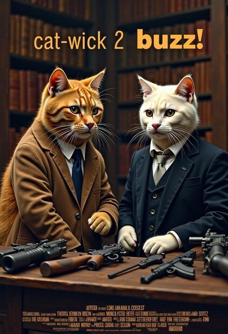 a realistic picture, a parody of jhon wick movies , ((cute muscular orange cat wearing  suit, he are buying gun for the mission, the gun seller are white white cat wearing dark blue suit, the seller standing behid a counter full of pistol, behind him are a display of  many rifles and shotguns, dim light,  the backdrop of the castle library ,(intricate details,naturalism,hyperdetailed,hyperrealistic:1.55) mvpstrCE style ((((Display the text "cat-wick 2 buzz!" on a movie poster)))). no human