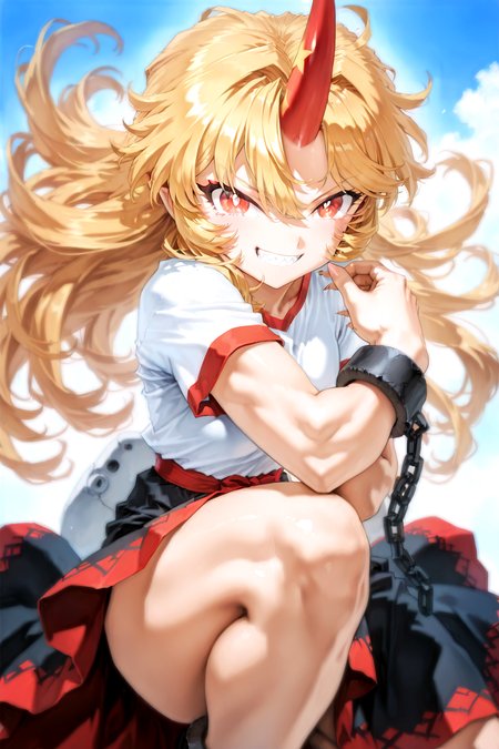 munakata_(sekimizu_kazuki):1.2,mogudan:0.7, hamada_yoshikazu:0.8 ,toriyama_akira_(style):1.1,kugara4423:1.2,touhou ,hoshiguma_yuugi , highres ,1girl ,black_skirt, blonde_hair, breasts ,bright_pupils ,cuffs ,horns,  long_hair ,looking_at_viewer, medium_breasts, open_mouth, red_eyes ,red_horns, shackles ,sharp_teeth ,shirt, short_sleeves ,single_horn ,skirt ,long skirt, solo, teeth,white_shirt, messy_hair , ^_^ ,fingernails ,grin ,hands,oni ,smile, solo,sharp_teeth,sharp_fingernails , feet, feet focus, spiked_hair ,sharp_toenails , leg_up , squatting , one leg raise up,toe,  leg_lift, muscular, muscular_female,cowboy_shot <lora:touhou_146:0.5>,<lora:illustrious_noobai_epsilon_pred_1_best_quality_v1:0.7> ,<lora:illustrious_noobai_epsilon_pred_1_masterpieces_v1:0.7>, <lora:ponyv4_noob1_2_adamW:0.5>, <lora:add_details_xl:0.7>