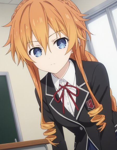 score_9, score_8_up, score_7_up, source_anime,
kaguyayuzuruyamai,  <lora:kaguya-yuzuru-yamai-s4s5-ponyxl-lora-nochekaiser:1>,
kaguya yuzuru yamai, blue eyes, hair between eyes, sidelocks, orange hair, drill hair, long hair, braid, braided ponytail,
shirt, long sleeves, ribbon, school uniform, jacket, white shirt, collared shirt, red ribbon, black jacket, neck ribbon, blazer, skirt, blue skirt, pleated skirt,
indoors, classroom, bent over, expressionless,
looking at viewer, solo, cowboy shot, dutch angle,
