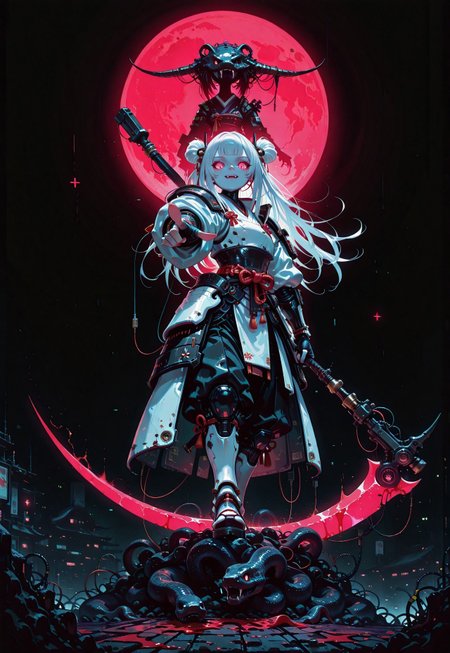 1girl, cybernetic girl, looking down, looking at viewer, solo focus, samurai, long hair, white hair, double buns, fanged bangs, Japanese armor,  black_gloves, fingerless_gloves, holding weapon, stretched out arm, pointing towards viewer, armor, straight on, full body, blood, night, pale moon, shoulder_armor, full_moon with snake head silhouette, white_armor, arm_guards, dark_theme, glowing_scythe, full_moon, glowing_sword, (monochrome, negative space:1.2), dark, huge red moon, close up, futuristic, cyberpunk, from below, perspective, fisheye, simple background, black background, color key, wire frame, glitch art, painterly, no lineart, no outline, fine art, masterpiece, best quality, good quality, very awa, very aesthetic, absurdres, newest, 8k, high contrast, in the style of cknc, usnr, wat, haiz_ai