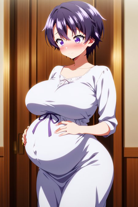 masterpiece, best quality, very aesthetic,absurdres,4k,8k,intricate detail,amazing quality,
1 pretty girl,
beautiful large breasts, curvy,
wide hips,
shy,
pregnant girl, full-term pregnancy, maternity, big belly, mother-to-be, white dress,
 anime coloring, 
 <lora:Himemiya_Makoto:0.8> purple hair, short hair, purple eyes