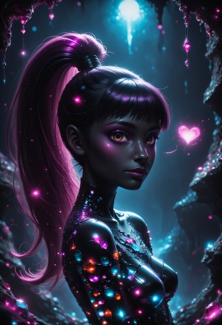 score_9,score_8_up,score_7_up, sorce_real, 8k, hd, (1 girl, brown eyes, high ponytail, bioluminescent latex suit, seij, <lora:Seij-000001:1>), cute and mischievous, black suit, purple details, neon colored glowing particles in the black skin, black skin with neon pink bioluminescence, cinematic light, looking at viewer, dark, night, mysterious atmosphere, floating hearts, beautiful  creatures, flies through a dark stalactite cave at night, bioluminescent icicles on the walls, everything is shrouded in darkness.  <lora:SDXLFaeTastic2400:0.3>, cave by Jed-Cosmos  <lora:Jed-Cosmos-sdxl:0.3>  <lora:ral-swarcrystl-sdxl:0.7> multicolored gemstones made of ral-swarcrystl, black gloves with glowing jewels, side view